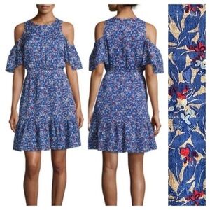 Tanya Taylor Blue Red Wildflower Silk Cold Shoulder Shiloh Dress